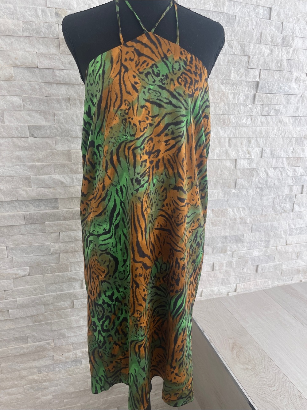 Camila Coelho Green and Brown Animal Print Halter Dress